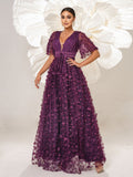 Sheer Sleeves Deep Purple Floral Embroidered Prom Dress