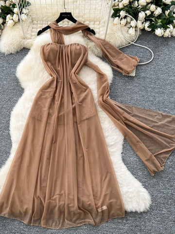 Taupe Flowing Sheer Maxi Dress