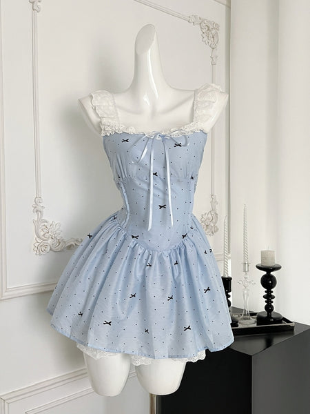 Lace-Trimmed Straps Bow Blue Corset-Style Dress