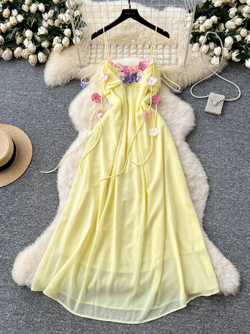 Floral Embellishments Tie Up Straps Pastel Yellow Maxi Dress