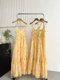 Button Yellow Tie-Dye Halter Maxi Dress