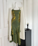 Asymmetric Ruffle Hem Flower Metallic Green Dress