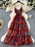 Spaghetti Straps Vibrant Floral and Plaid Print Maxi Dress