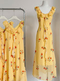 Cascading Frills Ruffled Neckline Yellow Floral Maxi Dress