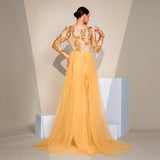 Long-Sleeve Gold Embroidery Tulle Prom Dress