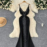 Crystal Embellishments Mermaid Sleek Black Dress