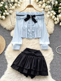 Ruffled Pastel Blue Off The Shoulder Blouse Skirt Set