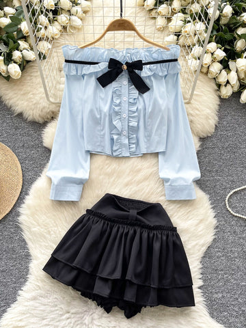 Ruffled Pastel Blue Off The Shoulder Blouse Skirt Set