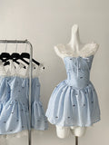 Lace-Trimmed Straps Bow Blue Corset-Style Dress