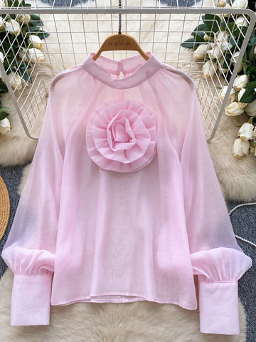 High Neck Oversized 3D Flower Pink Chiffon Blouse