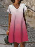 White and Pink Gradient V Neck Causal Short Sleeve Shift Dress