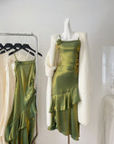 Asymmetric Ruffle Hem Flower Metallic Green Dress