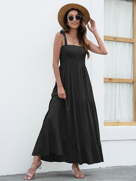 Black Tie Backless Ruffle Trim Dress