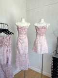 Spaghetti Straps Slim Silhouette Floral Pink Dress