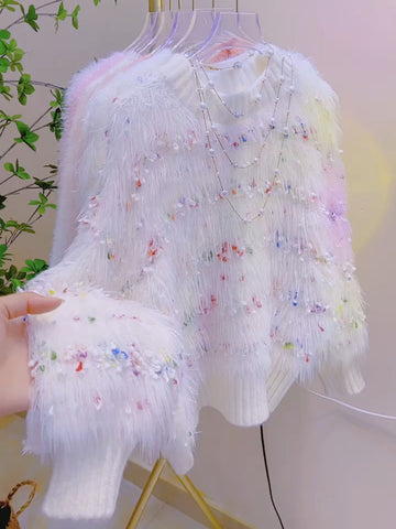 Colorful Bead Embellishments Shaggy Fringe White Sweater