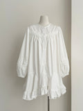 Ruffled Hem Lace White Long Sleeve Dress