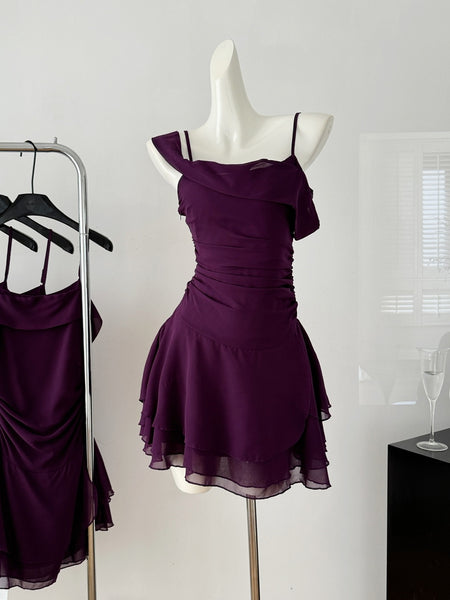 Chiffon Asymmetrical Ruffle Purple Dress