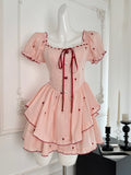 Ruffles Red Heart Buttons Pink Dress