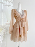 Embellished Sheer Long Sleeves Tiered Beige Dress