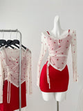 Bow-Embellished Sheer Mesh Top Red and White Dress