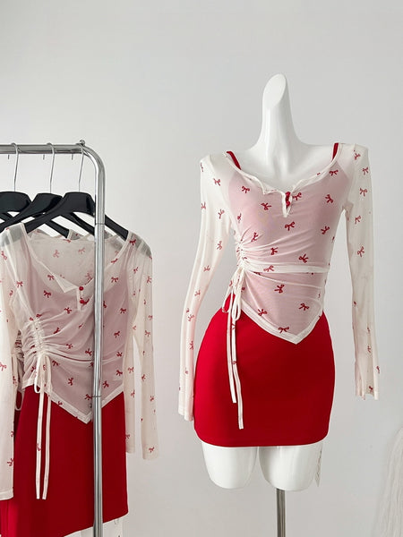 Bow-Embellished Sheer Mesh Top Red and White Dress