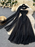 Sheer Overlay & Neck Scarf Black Strapless Maxi Dress