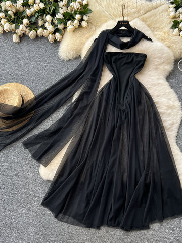 Sheer Overlay & Neck Scarf Black Strapless Maxi Dress