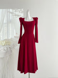 Square Neckline Flowing A-Line Skirt Red Dress