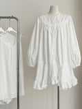 Ruffled Hem Lace White Long Sleeve Dress