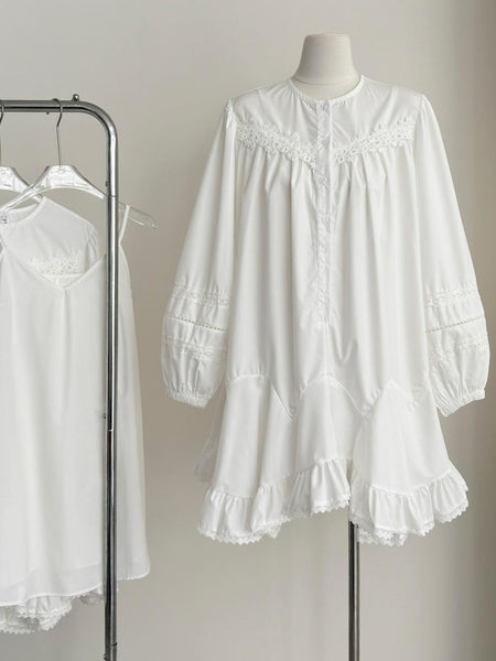 Ruffled Hem Lace White Long Sleeve Dress