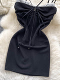 Lace Front Tie Knot Black Spaghetti Strap Mini Dress