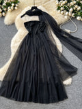 Sheer Overlay & Neck Scarf Black Strapless Maxi Dress