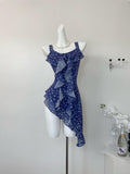 Summer Asymmetric Ruffles Blue Floral Dress