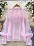 High Neck Oversized 3D Flower Pink Chiffon Blouse