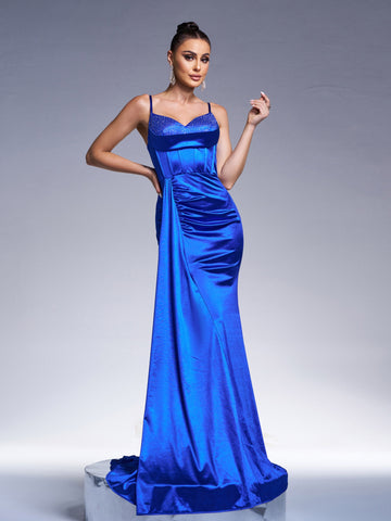 Royal Blue Beading Satin Trumpet Mermaid Prom Dress