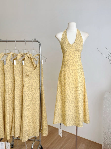 Subtle Floral Yellow Halter Neck Dress