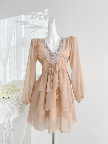 Embellished Sheer Long Sleeves Tiered Beige Dress