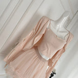 Cardigan Bow-Embellished Top Layered Tulle Skirt Pink Set