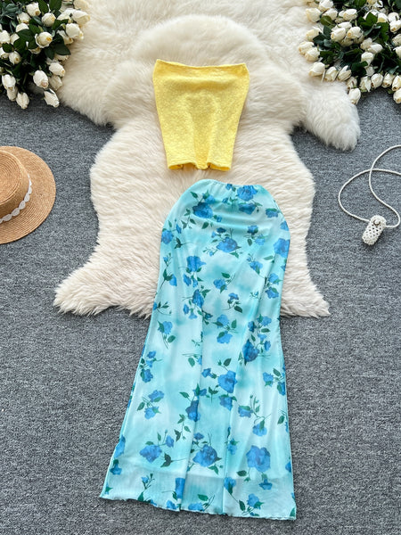 Sunny Yellow Strapless Crop Top Flowing Blue Floral Maxi Skirt