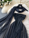 Sheer Overlay & Neck Scarf Black Strapless Maxi Dress