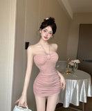 Adorable Strapless Pink Ruched Mini Dress with Bow Detail