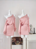 Rose Waist Long Sleeves Pink One-Shoulder Dress