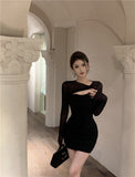 Chic Long - Sleeve Sheer Mesh Ruched Bodycon Mini Dress