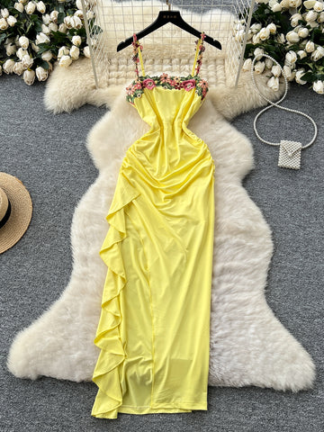 Bright Yellow Floral Sling Maxi Dress