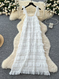 Tiered Ruffles Bow Tied Straps White Maxi Dress