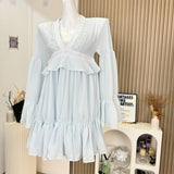 Lace Trim Ruffled Empire Waist Light Blue Dress