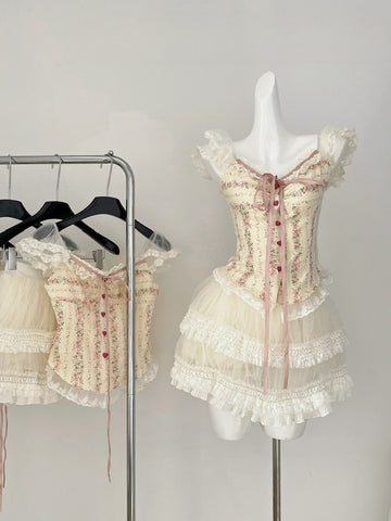 Lace-Trimmed Ruffled Skirt Ribbon Tie Floral Corset-Style Dress