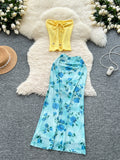 Sunny Yellow Strapless Crop Top Flowing Blue Floral Maxi Skirt