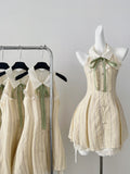 Vintage-Inspired Satin Bow Cream Stripe Dress