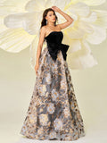 Luxurious Black Bow Floral Embroidered Prom Dress